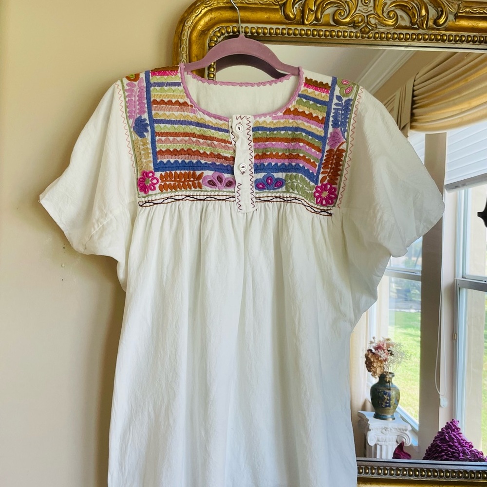 White Embroidered Tunic Top with Multicolor Yoke